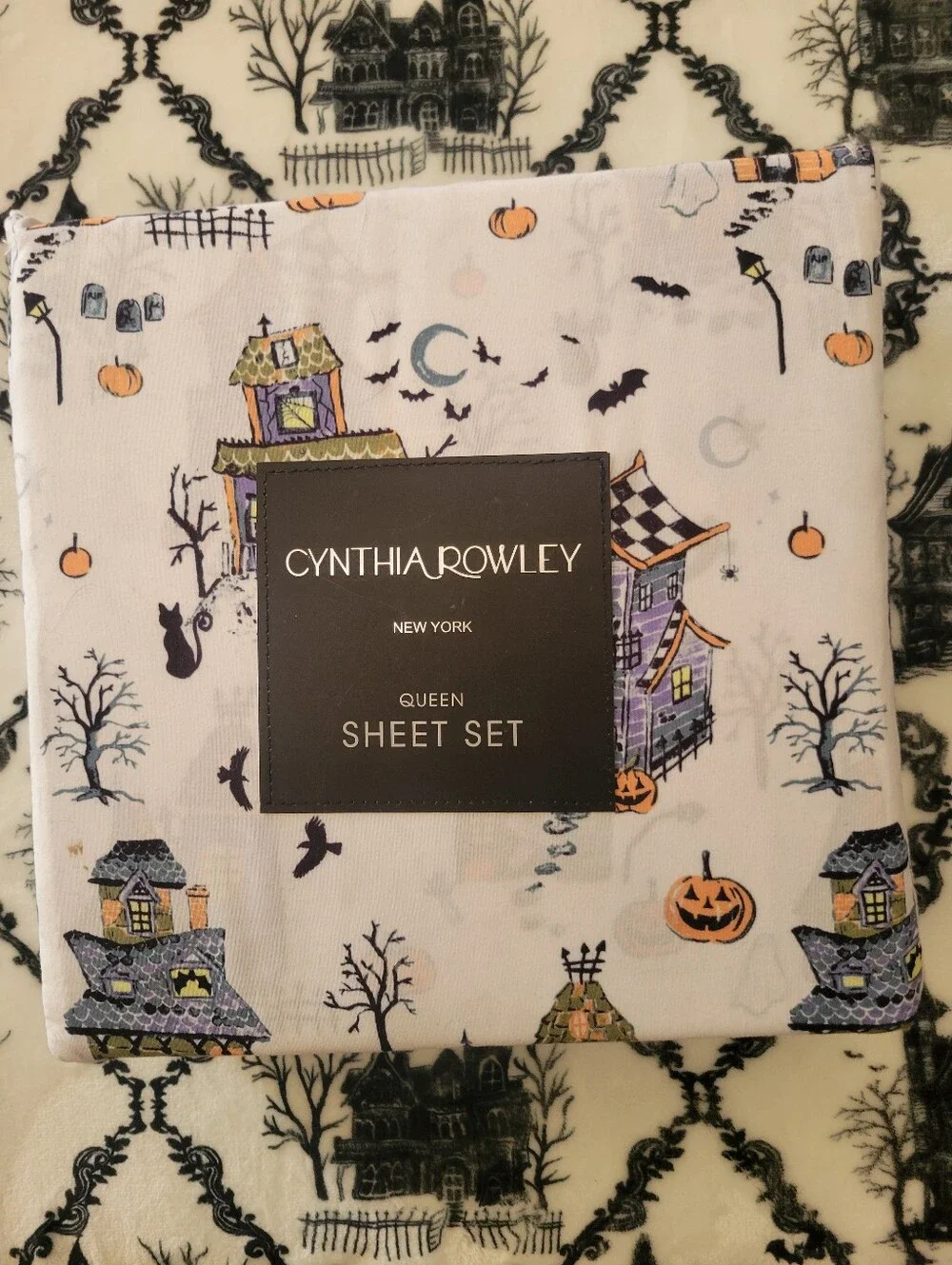 New Cynthia Rowley Halloween Haunted House Queen Sheet Set